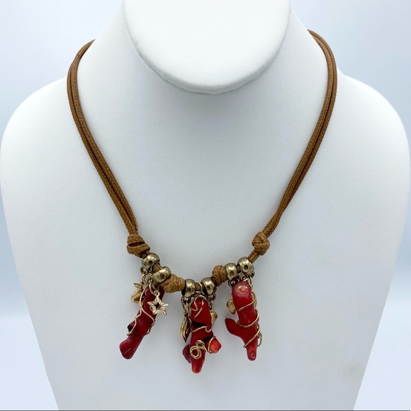 Artisan Red Coral Branch Gold Tone Charm Cord Handcrafted Necklace - Picture 6 of 12